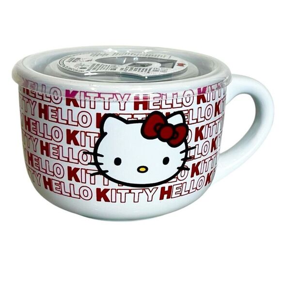 Sanrio Hello Kitty Red Ceramic Soup Mug with‎ Vented Lid 24 oz Cereal Bowl  NEW - Picture 3 of 6
